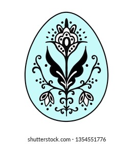 Vector illustration. Without background. EPS.  Egg of blue color with white filling of an ornament. The egg has a black edging.