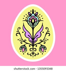 Vector illustration. Without background. EPS.  Easter egg with floral ornaments. Black graphic flower with color accents. Yellow egg with white edging on a pink background.