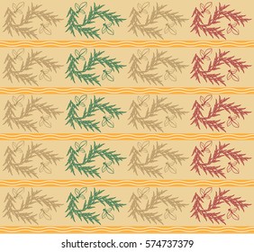 Vector illustration Without joints  on a beige background. Decorative floral pattern from the leaves. Different colors alternate leaves with wavy white lines on a yellow strip.