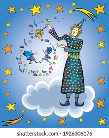 Vector illustration of a wizard with magic wand conjuring on a cloud in starry sky