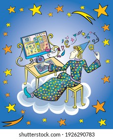 Vector illustration with a wizard working on computer in starry sky