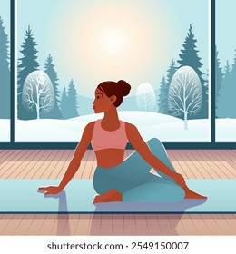 Vector Illustration of Wnter Yoga Pose Woman Practicing Yoga with Scenic Snowy View, Yogini in Half Lord of the Fishes Pose Ardha Matsyendrasana Seated TwistNon-Extended Leg