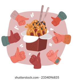Vector illustration of Wok box. Noodles in a carton box. Asian food. Thumb up arround