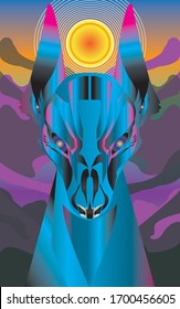 Vector illustration of wolf  with beautiful sunset in mountains landscape on background, sun and clouds in sky in flat style. 