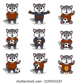 Vector illustration of Wolf characters playing soccer. Cute Wolf mascot playing football. Vector illustration bundle.