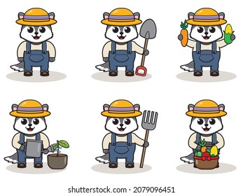 Vector illustration of Wolf farmer cartoon. Cute farmer character design with straw hat. Character flat design. isolated on white.