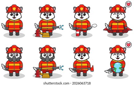 Vector Illustration Of Wolf Firefighters Set. Fire Fighter Profession With Flat Design Style. Good For Icon, Label, Sticker, Clipart.