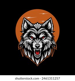 vector illustration of a wolf head under a full moon