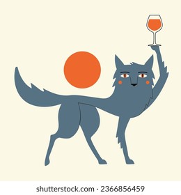 Vector illustration with wolf holding glass of red wine and red sun on background. Funny party print design, bar wall decoration poster