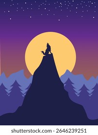 Ilustração vetorial de um lobo uivando na lua cheia em uma montanha com um céu estrelado.