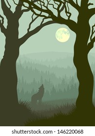 Vector illustration of wolf howling at moon in night forest in green tone.