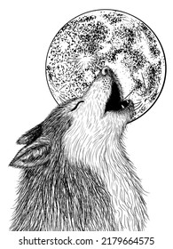 Vector illustration of a wolf howling at the moon in engraving style