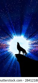 The vector illustration: Wolf howling at the moon. Vertical option of a picture.