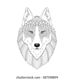 Vector illustration of the wolf, isolated. Black and white artwork in ethnic and zentangle style. Coloring page, t-shirt, print, card, poster, tattoo design