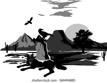 Vector illustration of wolf lying beside the stone. Vector nature landscape, trees, mountains, lands silhouettes.