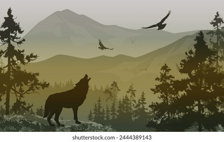 Vector illustration with a wolf on the background of a mountain landscape with flying birds