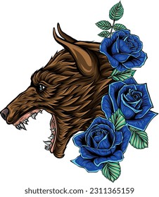 vector illustration of wolf and roses on whiet background
