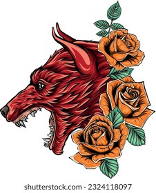 vector illustration of wolf and roses on whiet background