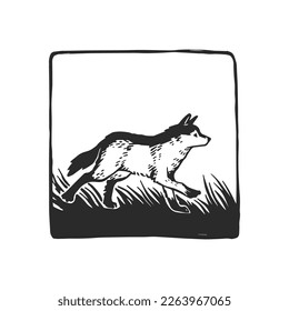 Ilustración vectorial con un lobo corriendo a través de la hierba. Esbozo dibujado a mano con animales salvajes sobre un paisaje de fondo.
