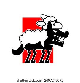 Vector illustration of wolf in sheep s clothing on red background. Place for an inscription.