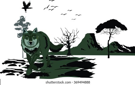 Vector illustration of wolf in standing pose. Vector nature landscape, trees, mountains, lands silhouettes.