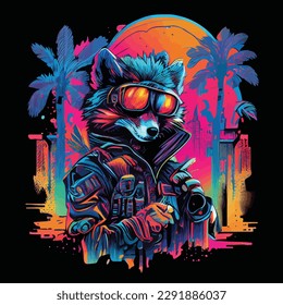 Vector illustration of a wolf in sunglasses on a background of palm trees