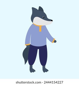 Ilustración vectorial de un lobo en un suéter sobre un fondo azul.