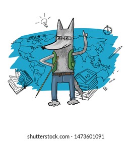 vector illustration of the wolf is the teacher of geography, world map, important subject of training, the profession of illustration for children, cartoon, postcard