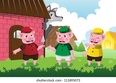 A vector illustration of a wolf and three little pigs