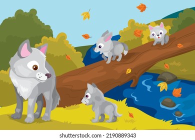 Vector illustration of wolf with three little cubs walks along a log across the river