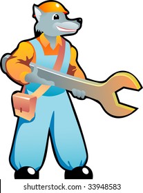 Vector illustration of wolf-mechanic with wrench and hard hat.