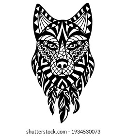 Vector illustration with a wolf's head in black and white ethnic style, for tattoos and stickers