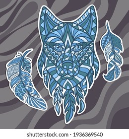 Vector illustration with wolf's head in an ethnic style, stickers for design and decoration