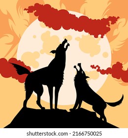 Vector illustration Wolves howling at the moon. Cartoon wolves silhouette