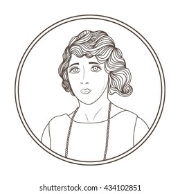 Vector illustration with woman of 20s. Retro woman. Vector card. 