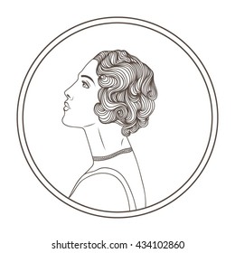 Vector illustration with woman of 20s. Retro woman. Vector card. 