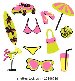 Vector illustration of woman accessories set related to summer glamour fashion.