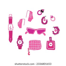 Vector illustration of woman accessories set. Hand-drown objects illustrations.