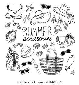 Vector illustration of woman accessories set. Hand-drown objects illustrations. Black and white fashion collection.