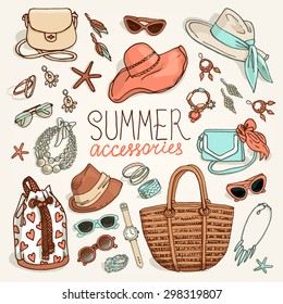 Vector illustration of woman accessories set. Hand-drown objects sketch. Summer fashion collection.