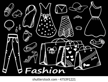 Vector illustration of woman accessories set. Hand-drown objects sketch