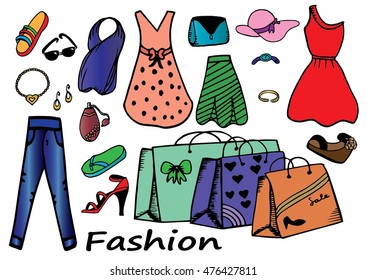 Vector illustration of woman accessories set. Hand-drown objects sketch