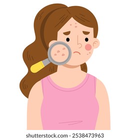 Ilustração vetorial de mulher com acne e problemas de pele facial