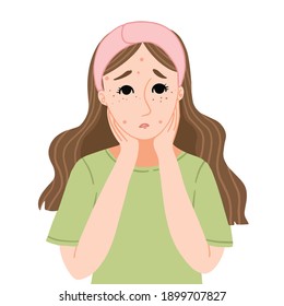 Vector illustration of woman with acne prone skin problems.