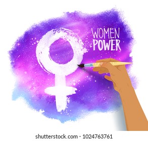 Vector illustration of woman african-american hand drawing female symbol with brush on outer space ultraviolet glitter background.