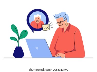 vector illustration of a woman aged with a laptop chatting with a man.