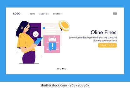 Ilustração vetorial de uma mulher analisando dados em um tablet com notificações flutuantes em uma página da web. Ela está focada e parece estar envolvida na tarefa de comunicação digital.