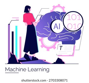 Ilustración vectorial de una mujer analizando datos relacionados con el aprendizaje automático. Muestra un cerebro digital, Elementos de IA y gráficos, haciendo hincapié en la integración de la tecnología y el análisis.