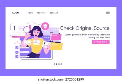 Ilustración vectorial de una mujer analizando datos en un Sitio web con documentos y marcas de verificación. La escena destaca el tema de la verificación de la información y la interacción en línea en un contexto digital.
