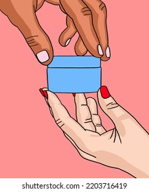 Vector illustration of woman applies cream to hands. Vector illustration for poster, beauty salon, advertisement. Woman holds cream tube and applies moisturiser to beautiful hands for clean and soft.
